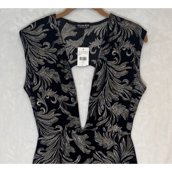 Fashion Nova Black Gold Embroidered Bodycon Midi Dress Plunge Neck Size L - Picture 2 of 10